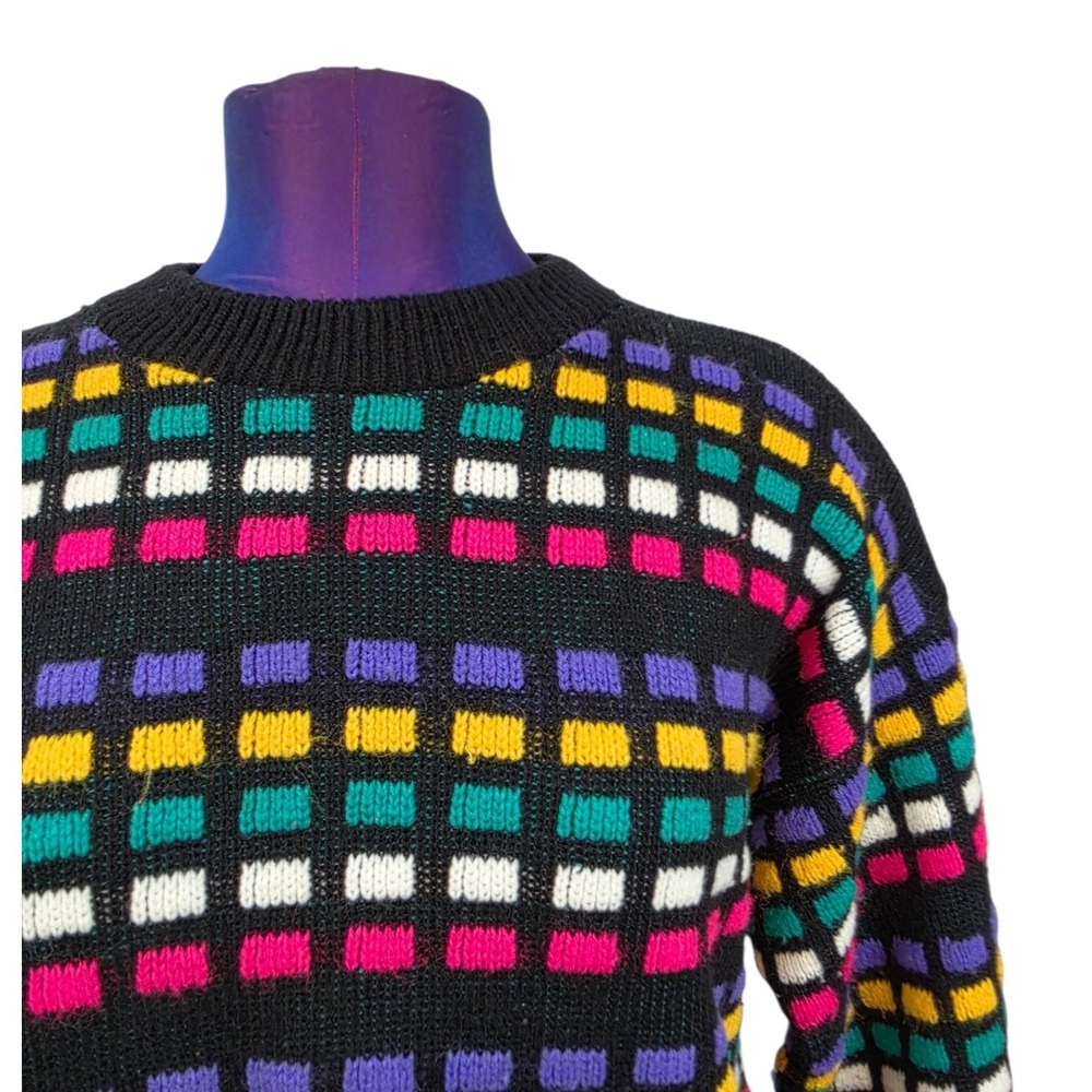 Vintage Spunky Multi Color Block Knit Sweater Black Crewneck Made in USA - Picture 2 of 6